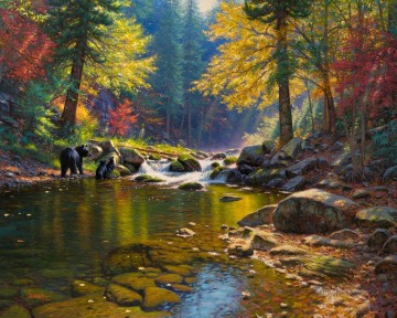  paisajes Pintura al %C3%B3leo - oso en otoño río paisajes